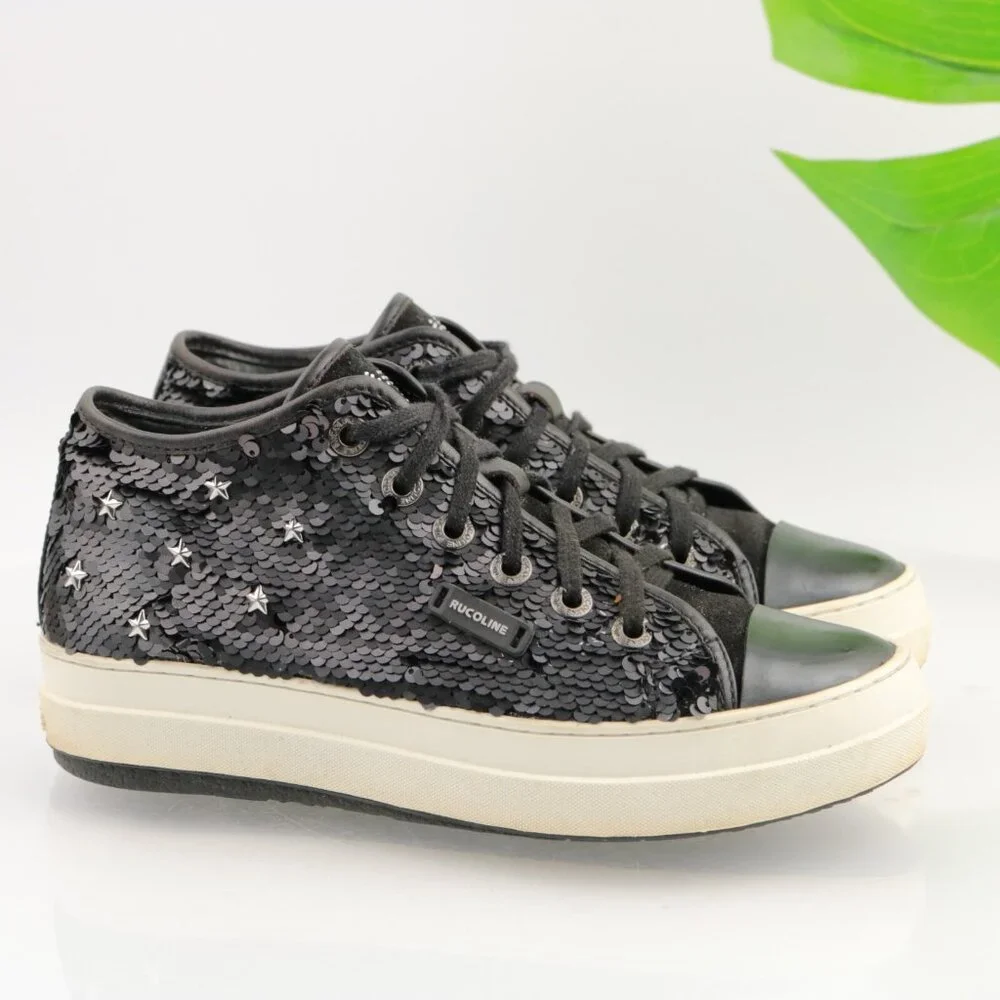 RUCOLINE Womens Sneaker Size 36 6 Black Leather Sequins Star Studs Platform Shoe